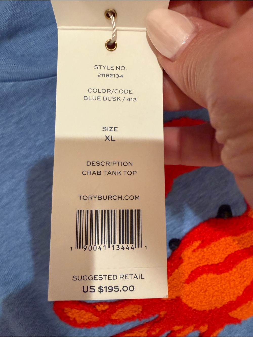 Tory Burch Blue Crewneck Top with Orange Logo Tag - Picture 3 of 4